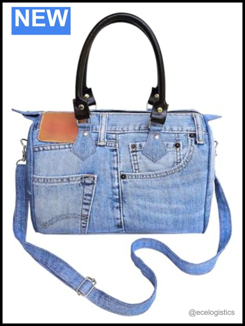 Upcycled Denim Satchel Handbag with Genuine Leather Handles, Crossbody and Top